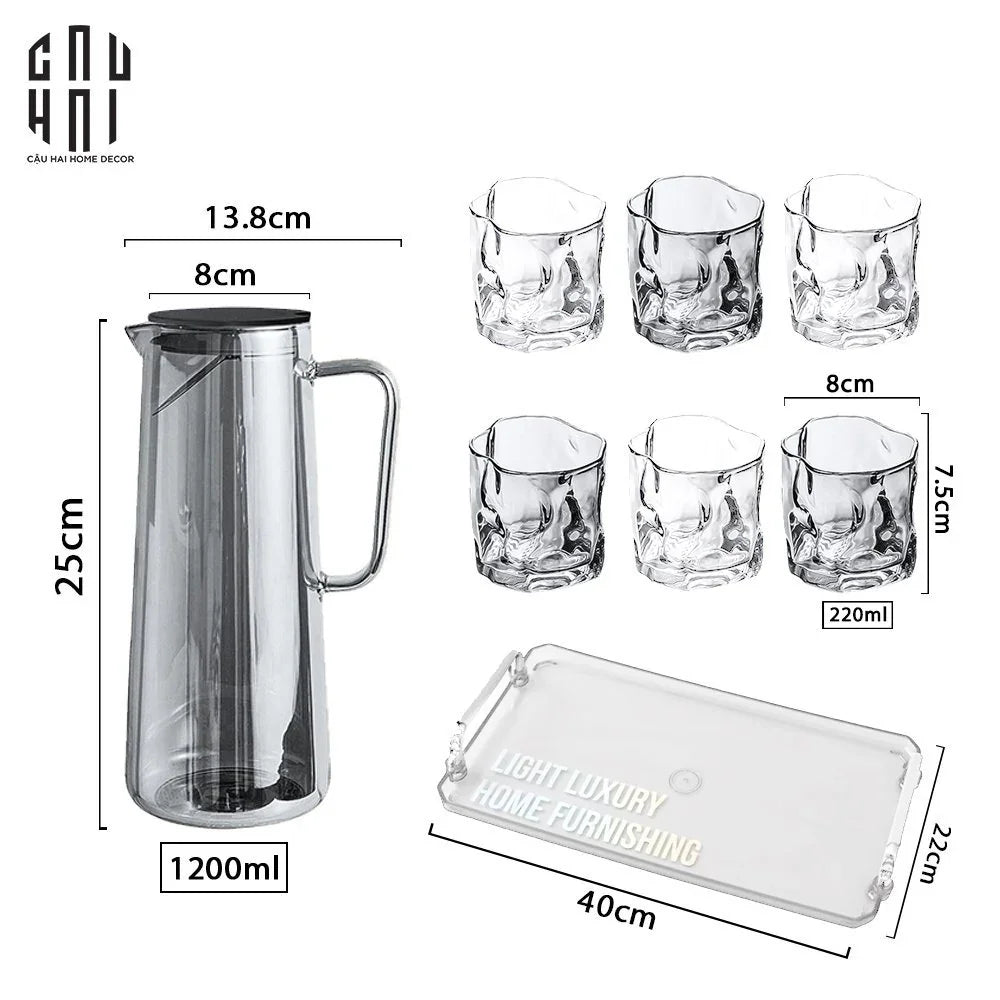 Set Bình Nước Elite 6 Ly Thuỷ Tinh Xám Kèm Khay Minimal – Carafe & Glass Set 8pcs-Set bình nước Carafe & Glassware Ensemble-CẬU HAI HOME DECOR