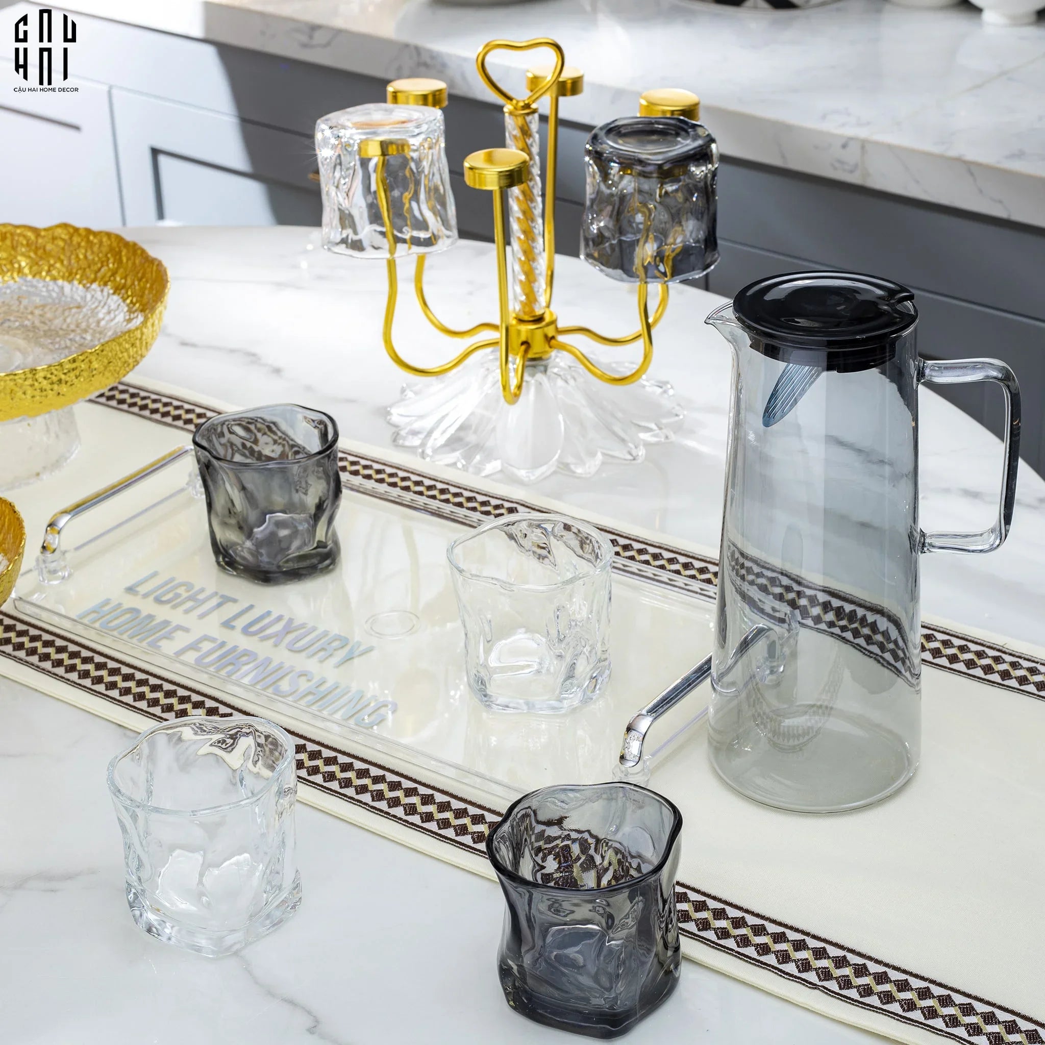 Set Bình Nước Elite 6 Ly Thuỷ Tinh Xám Kèm Khay Minimal – Carafe & Glass Set 8pcs-Set bình nước Carafe & Glassware Ensemble-CẬU HAI HOME DECOR