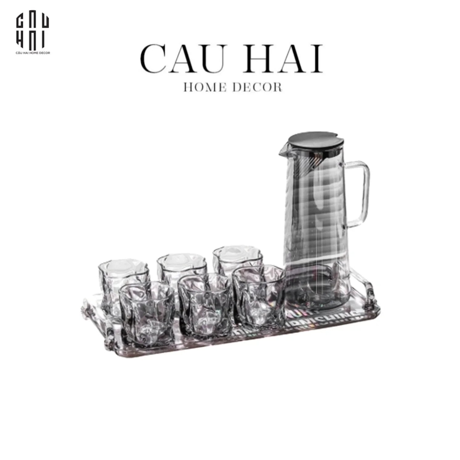 Set Bình Nước Elite 6 Ly Thuỷ Tinh Xám Kèm Khay Minimal – Carafe & Glass Set 8pcs-Set bình nước Carafe & Glassware Ensemble-CẬU HAI HOME DECOR