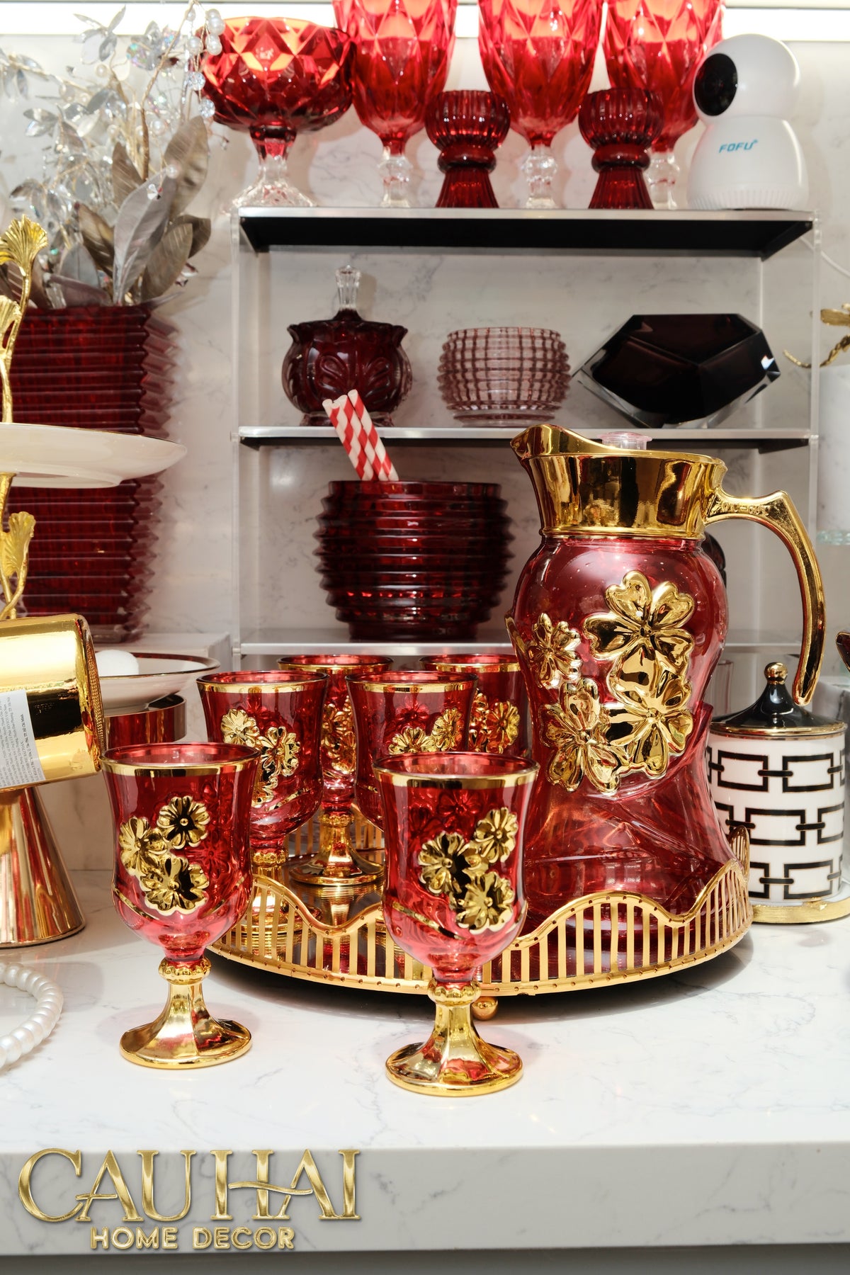 Set Binh Nuoc Thuy Tinh Grand Marquis Rubis Rouge Glass 7pcs-Set bình nước Carafe & Glassware Ensemble-CẬU HAI HOME DECOR-CẬU HAI HOME DECOR