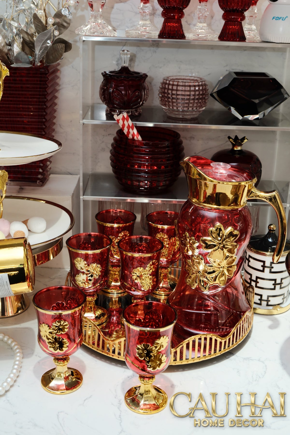 Set Binh Nuoc Thuy Tinh Grand Marquis Rubis Rouge Glass 7pcs-Set bình nước Carafe & Glassware Ensemble-CẬU HAI HOME DECOR-CẬU HAI HOME DECOR