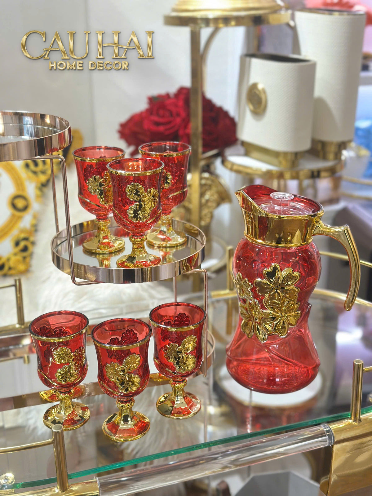 Set Binh Nuoc Thuy Tinh Grand Marquis Rubis Rouge Glass 7pcs-Set bình nước Carafe & Glassware Ensemble-CẬU HAI HOME DECOR-CẬU HAI HOME DECOR