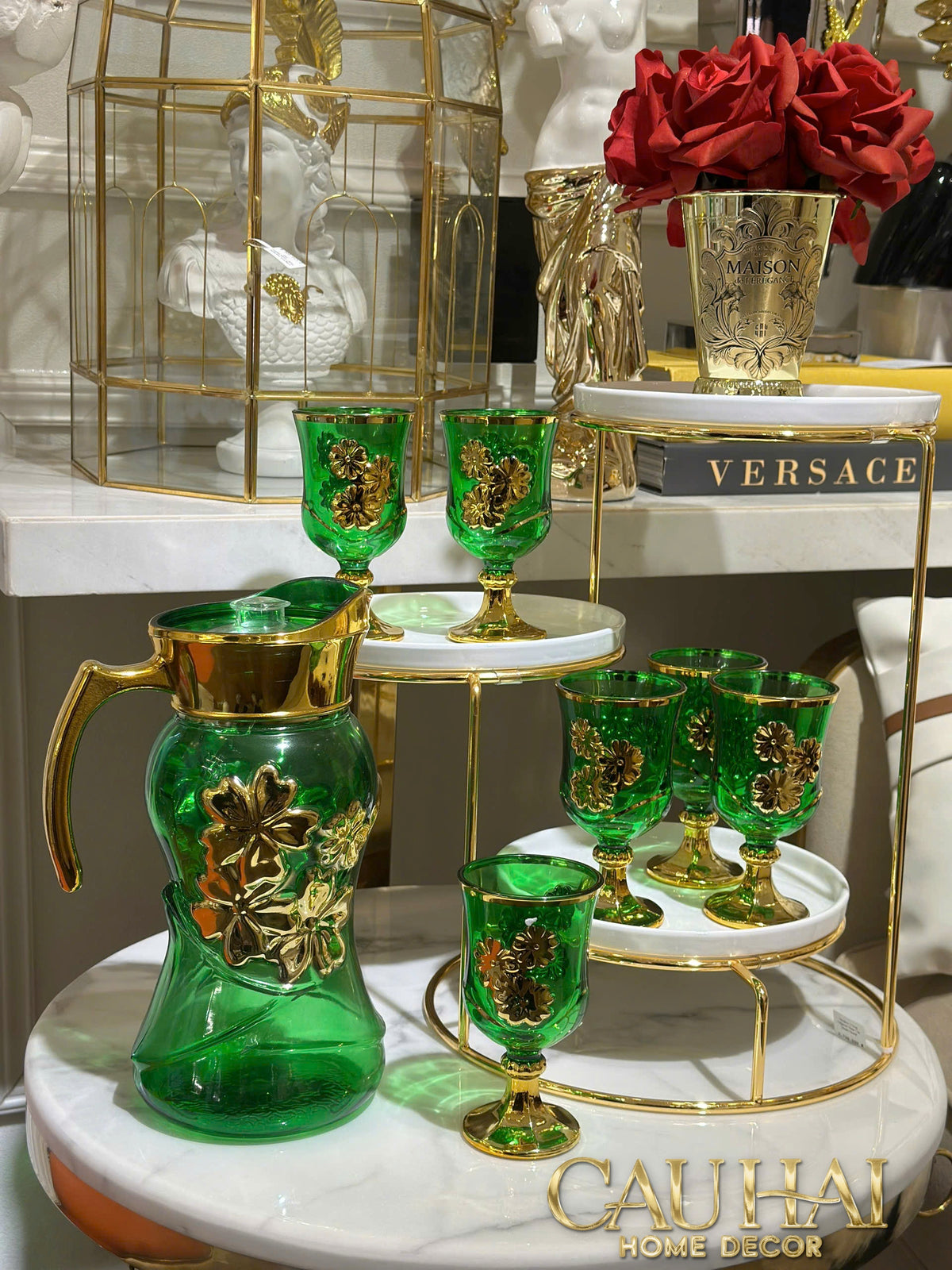 Set Binh Nuoc Thuy Tinh Grand Marquis Vert Jade Glass 7pcs-Set bình nước Carafe & Glassware Ensemble-CẬU HAI HOME DECOR-CẬU HAI HOME DECOR