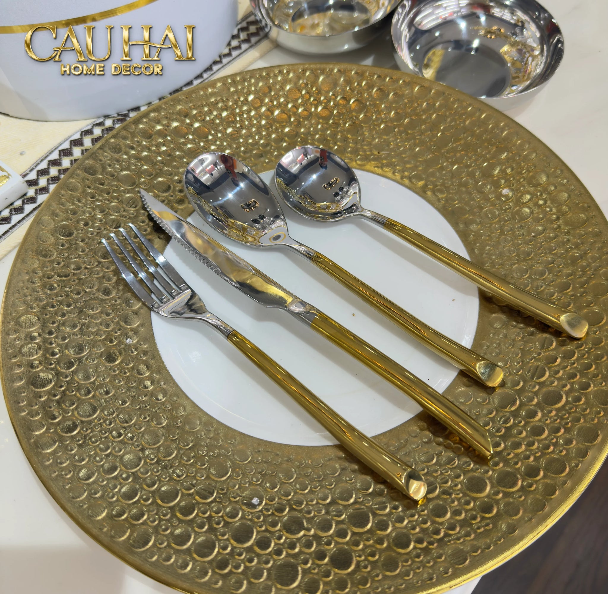 Set Dao Muỗng Nĩa 4 Món Élégance Allure Gilded Silver Dualité Premium Cutlery 4pcs-CẬU HAI HOME DECOR