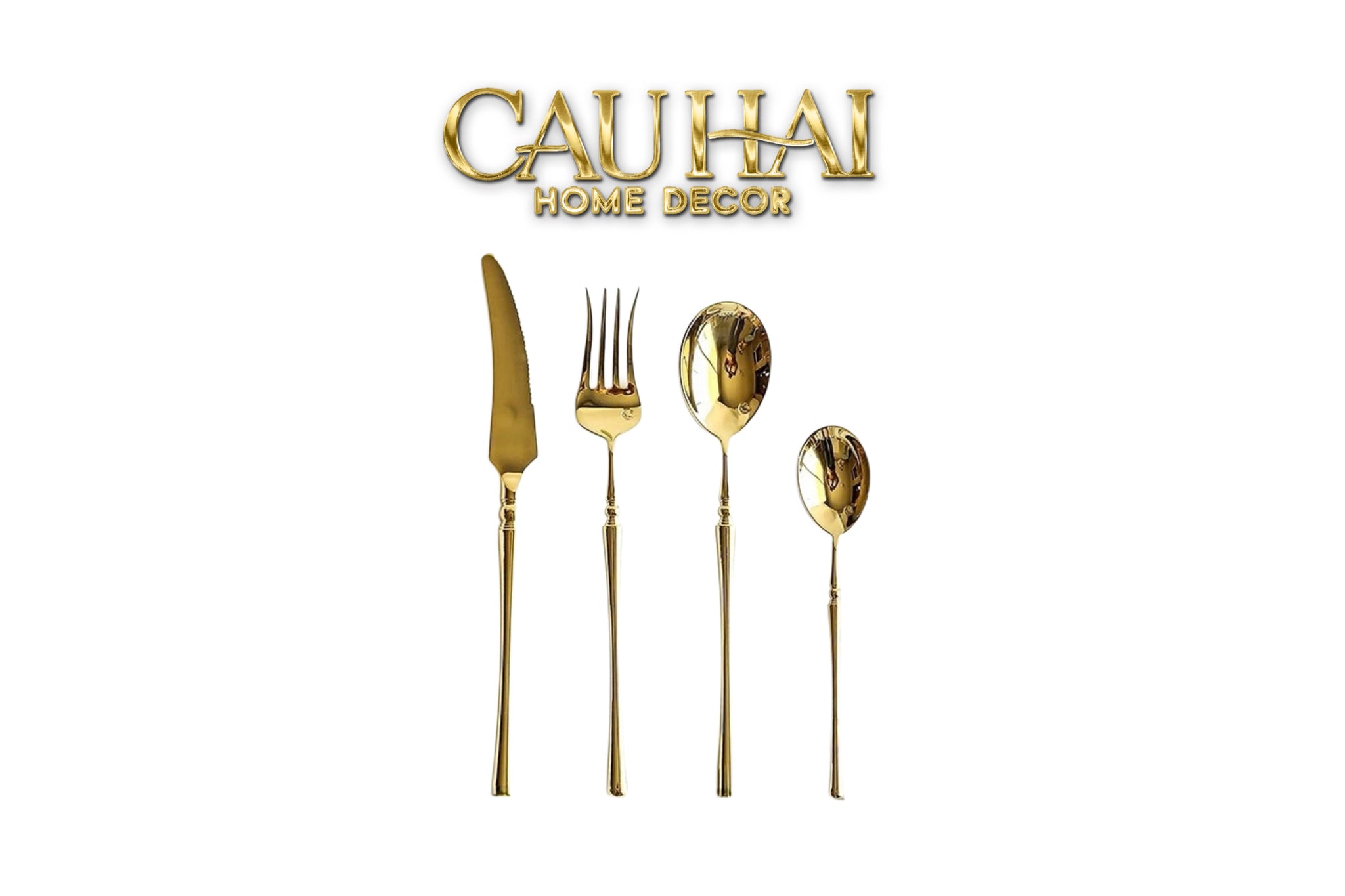 Set Dao Muỗng Nĩa 4 Món Haute Glamour Trident - Shining Golden Premium Cutlery 4pcs-Dinner Cutlery Set Dao Muỗng Nĩa-CẬU HAI HOME DECOR