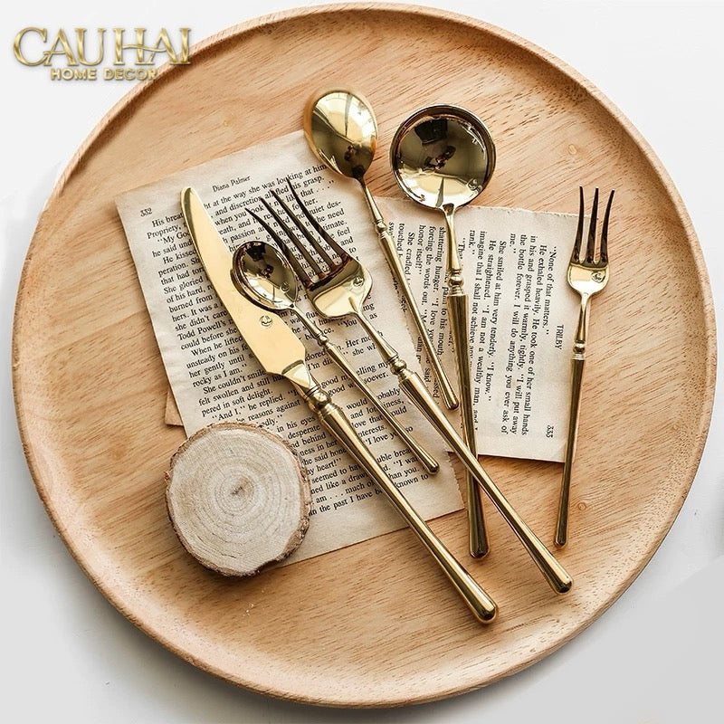 Set Dao Muỗng Nĩa 4 Món Haute Glamour Trident - Shining Golden Premium Cutlery 4pcs-Dinner Cutlery Set Dao Muỗng Nĩa-CẬU HAI HOME DECOR