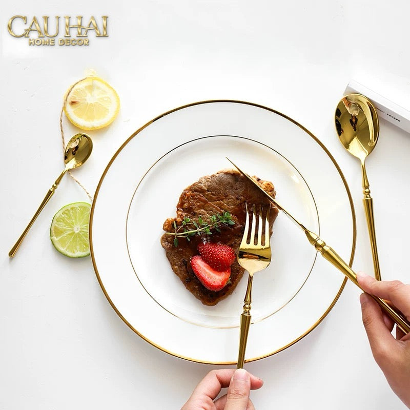 Set Dao Muỗng Nĩa 4 Món Haute Glamour Trident - Shining Golden Premium Cutlery 4pcs-Dinner Cutlery Set Dao Muỗng Nĩa-CẬU HAI HOME DECOR