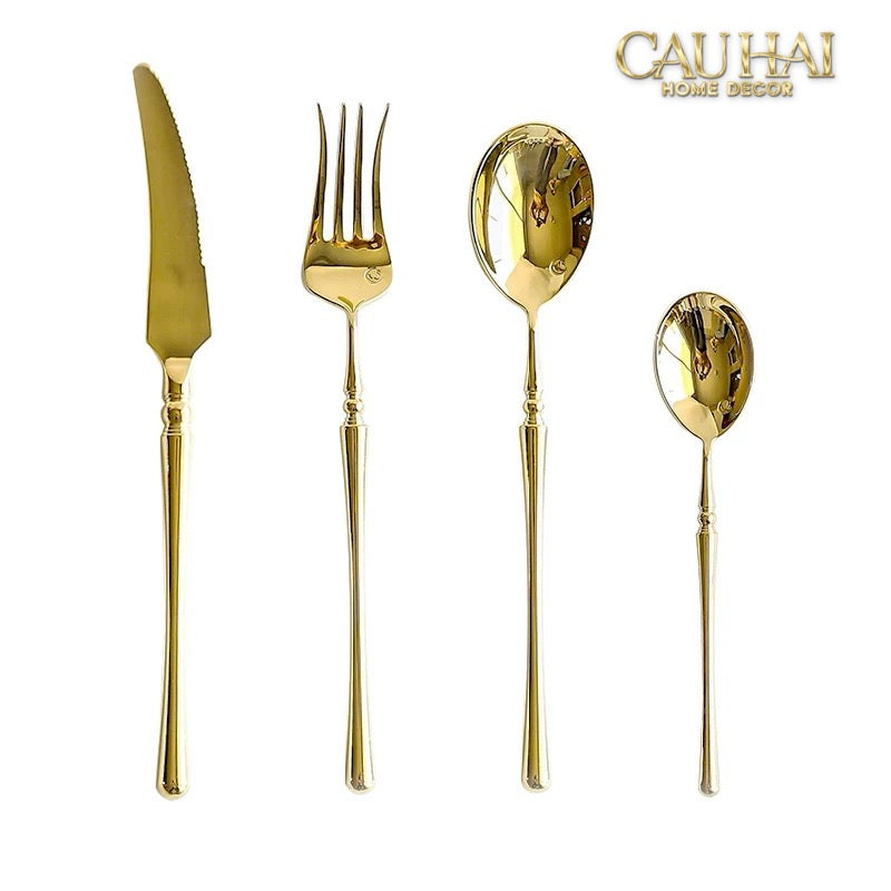 Set Dao Muỗng Nĩa 4 Món Haute Glamour Trident - Shining Golden Premium Cutlery 4pcs-Dinner Cutlery Set Dao Muỗng Nĩa-CẬU HAI HOME DECOR