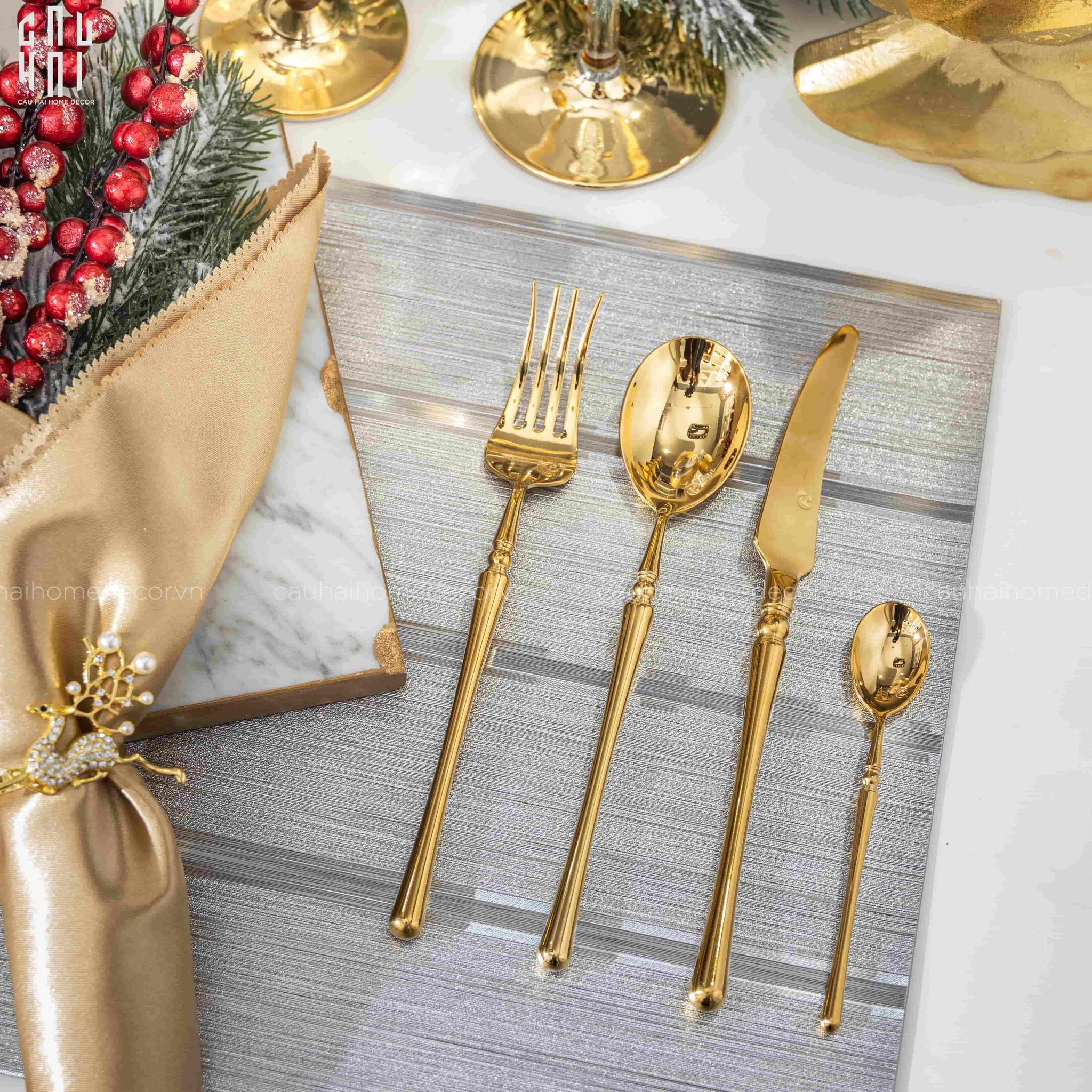 Set Dao Muỗng Nĩa 4 Món Haute Glamour Trident - Shining Golden Premium Cutlery 4pcs-Dinner Cutlery Set Dao Muỗng Nĩa-CẬU HAI HOME DECOR