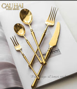 Set Dao Muỗng Nĩa 4 Món Haute Glamour Trident - Shining Golden Premium Cutlery 4pcs-Dinner Cutlery Set Dao Muỗng Nĩa-CẬU HAI HOME DECOR