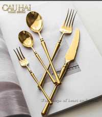 Set Dao Muỗng Nĩa 4 Món Haute Glamour Trident - Shining Golden Premium Cutlery 4pcs-Dinner Cutlery Set Dao Muỗng Nĩa-CẬU HAI HOME DECOR