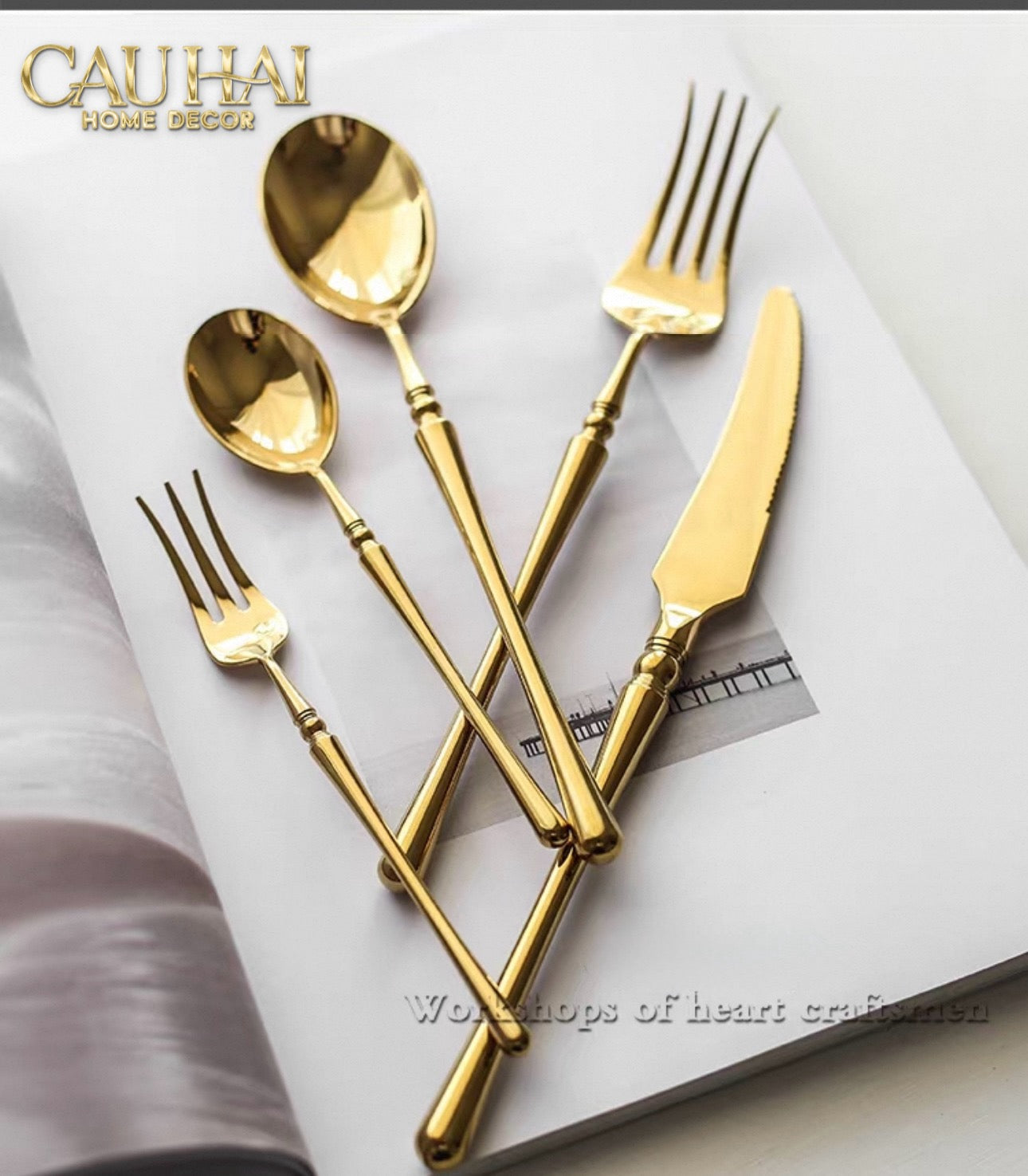 Set Dao Muỗng Nĩa 4 Món Haute Glamour Trident - Shining Golden Premium Cutlery 4pcs-Dinner Cutlery Set Dao Muỗng Nĩa-CẬU HAI HOME DECOR