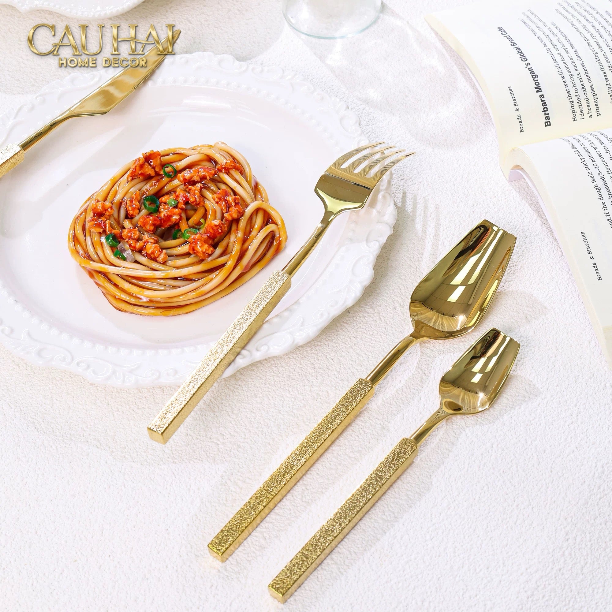 Set Dao Muỗng Nĩa 4 Món Raw Metal Gold Hybrid Dinner Cutlery Set 4pcs-CẬU HAI HOME DECOR