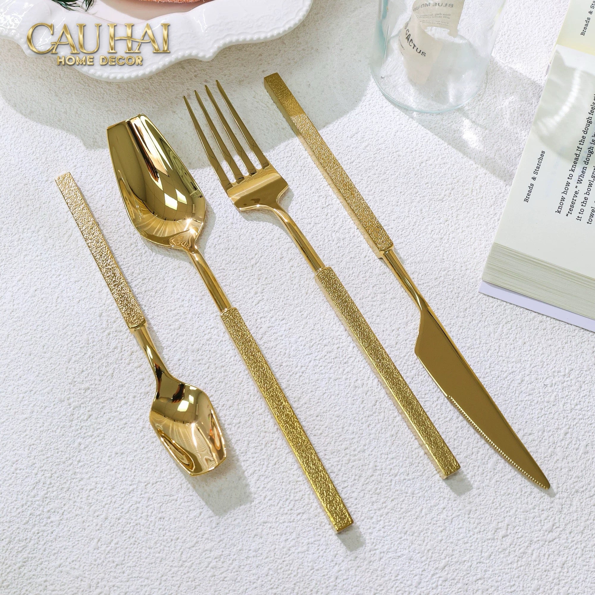 Set Dao Muỗng Nĩa 4 Món Raw Metal Gold Hybrid Dinner Cutlery Set 4pcs-CẬU HAI HOME DECOR