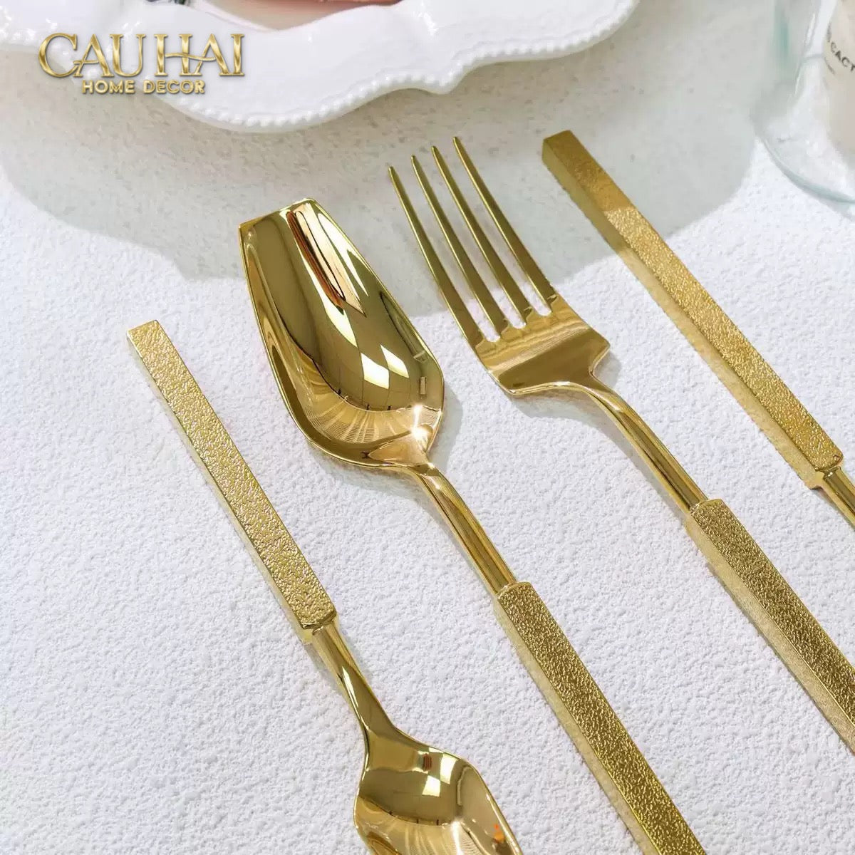 Set Dao Muỗng Nĩa 4 Món Raw Metal Gold Hybrid Dinner Cutlery Set 4pcs-CẬU HAI HOME DECOR