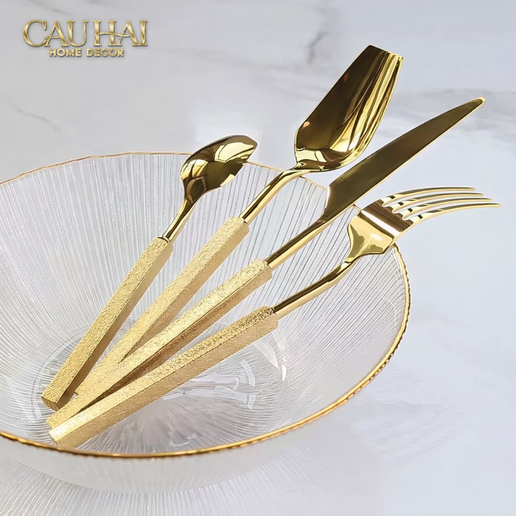 Set Dao Muỗng Nĩa 4 Món Raw Metal Gold Hybrid Dinner Cutlery Set 4pcs-CẬU HAI HOME DECOR