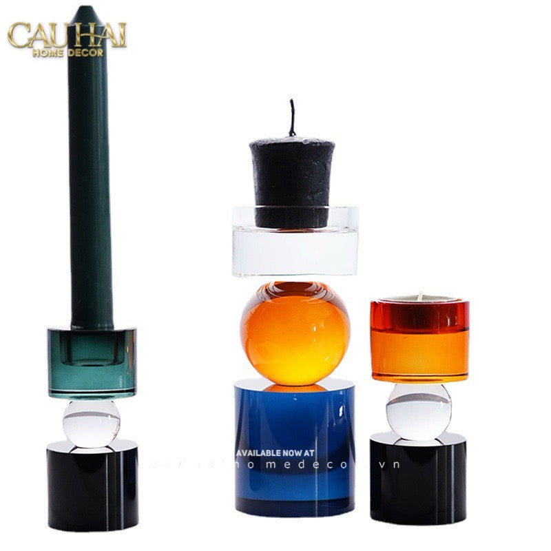 Set Đế Nến Pha Lê Đa Sắc Hừng Đông - Cristalleries Amber Dawn Candle Holders 6.5x16 5x11-CẬU HAI HOME DECOR