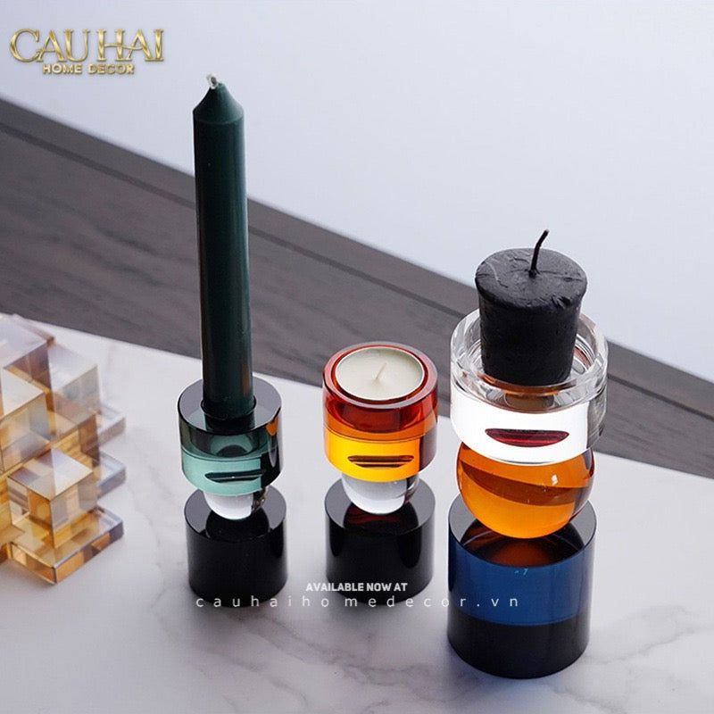 Set Đế Nến Pha Lê Đa Sắc Hừng Đông - Cristalleries Amber Dawn Candle Holders 6.5x16 5x11-CẬU HAI HOME DECOR