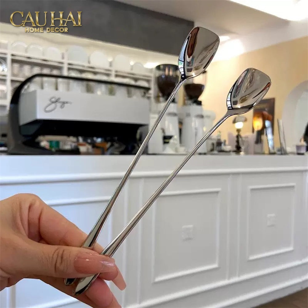 Set Muỗng Dài Thìa Coffee Silver Golden Square Head Coffee Spoon Set 4pcs. 2.2x19.5cm-Dinner Cutlery Set Dao Muỗng Nĩa-CẬU HAI HOME DECOR
