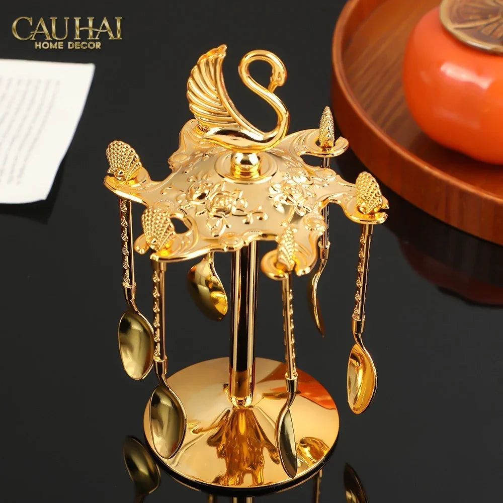 Set Muỗng - Gold Coffee Spoon Swan Carousel 6 Cái-Dinner Cutlery Set Dao Muỗng Nĩa-CẬU HAI HOME DECOR