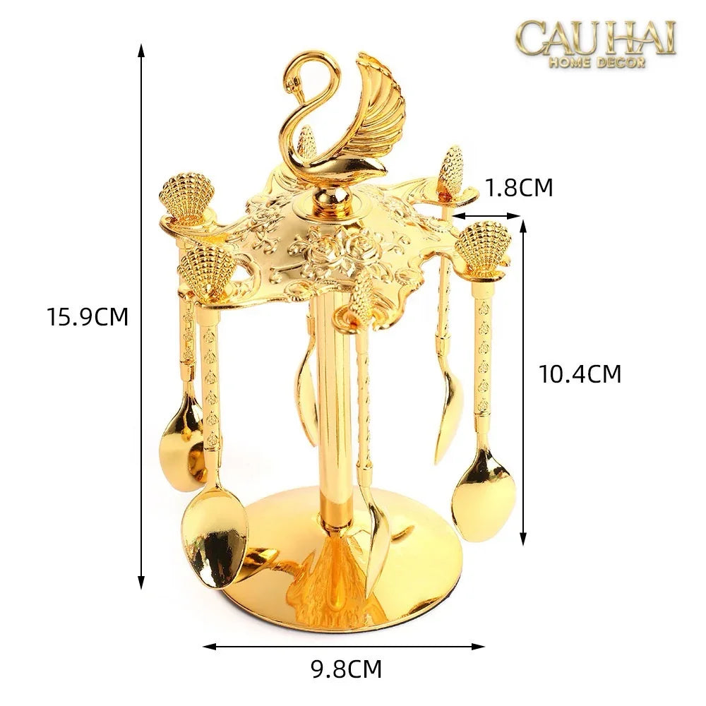 Set Muỗng - Gold Coffee Spoon Swan Carousel 6 Cái-Dinner Cutlery Set Dao Muỗng Nĩa-CẬU HAI HOME DECOR