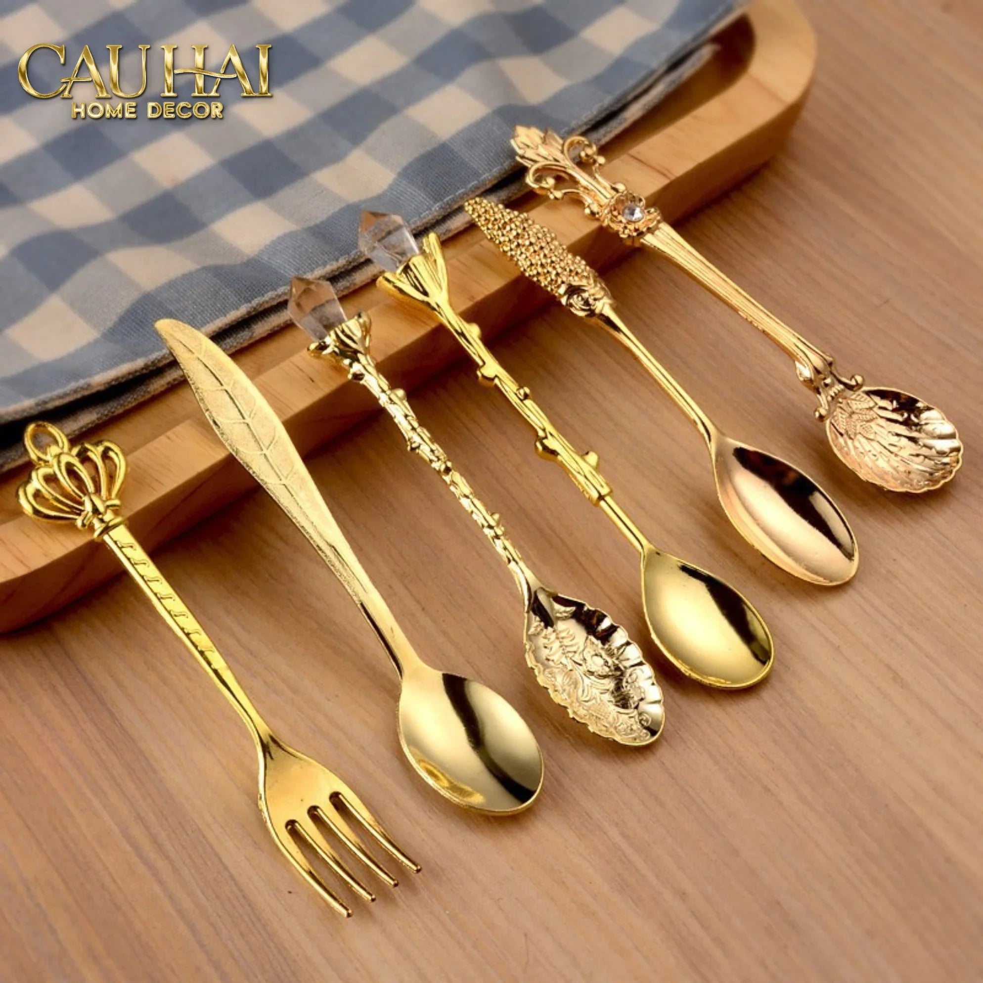 Set Muỗng Tráng Miệng - Gold Coffee Spoon Antique 6 Cái-Dinner Cutlery Set Dao Muỗng Nĩa-CẬU HAI HOME DECOR