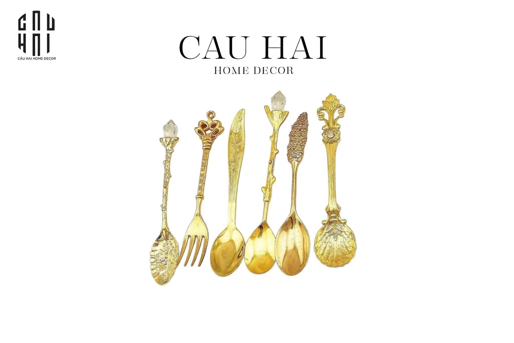 Set Muỗng Tráng Miệng - Gold Coffee Spoon Antique 6 Cái-Dinner Cutlery Set Dao Muỗng Nĩa-CẬU HAI HOME DECOR