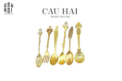Set Muỗng Tráng Miệng - Gold Coffee Spoon Antique 6 Cái-Dinner Cutlery Set Dao Muỗng Nĩa-CẬU HAI HOME DECOR