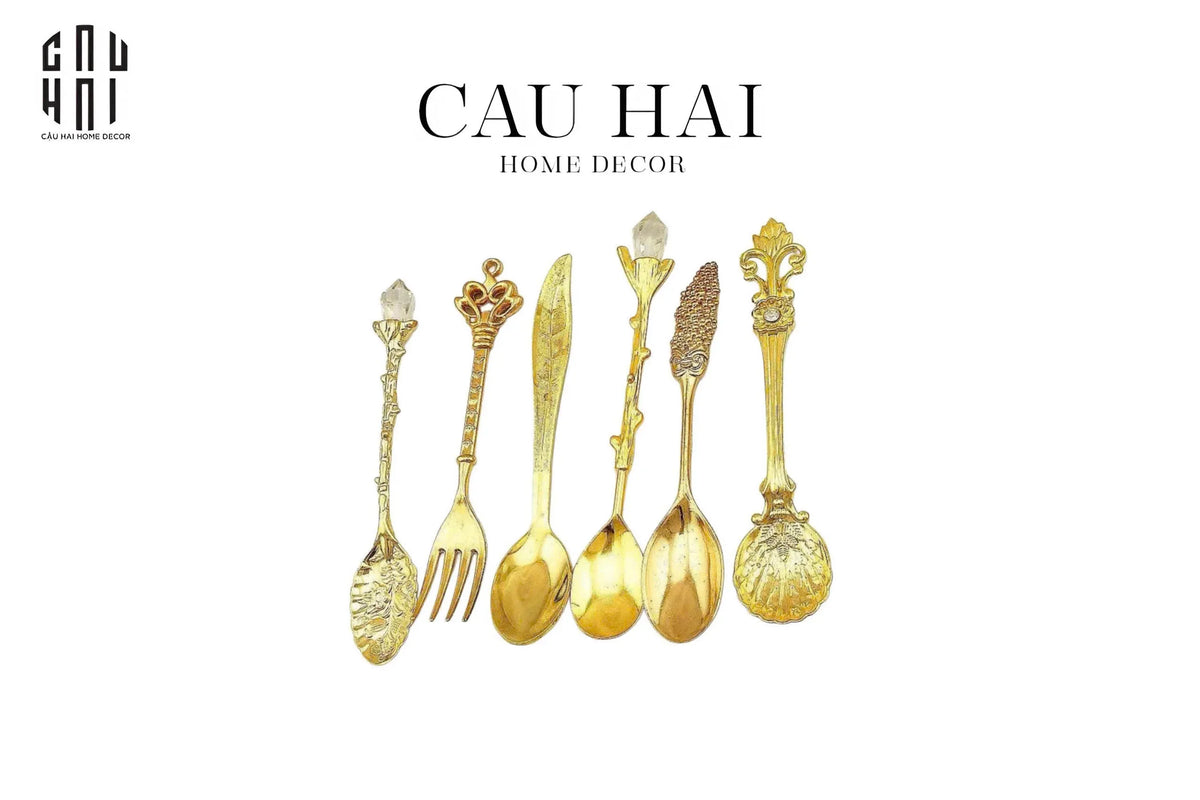 Set Muỗng Tráng Miệng - Gold Coffee Spoon Antique 6 Cái-Dinner Cutlery Set Dao Muỗng Nĩa-Đối tác tại Trung Quốc theo từng đơn đặt hàng-CẬU HAI HOME DECOR