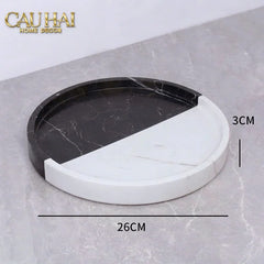 Set Nhà Tắm Đá Marble Trắng Đen Bản Đặc Biệt - Monolith Noir & Ivoire Oval Tray - Bathroom Vanities 4pcs-KHAY TRANG TRÍ-CẬU HAI HOME DECOR