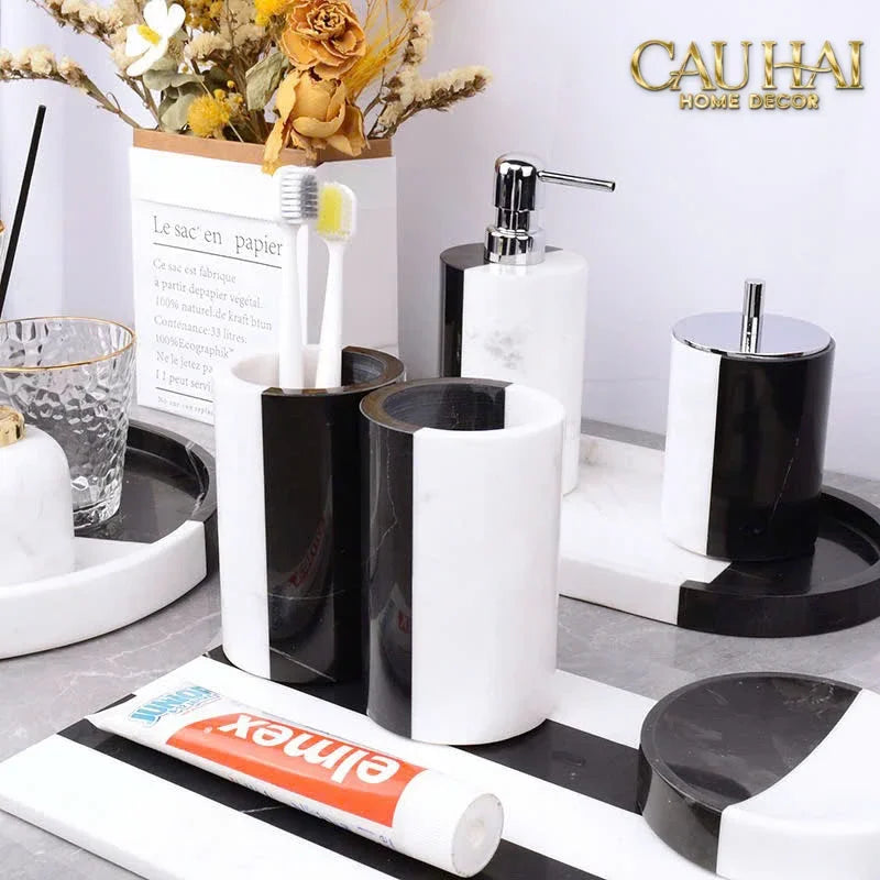 Set Nhà Tắm Đá Marble Trắng Đen Bản Đặc Biệt - Monolith Noir & Ivoire Oval Tray - Bathroom Vanities 4pcs-KHAY TRANG TRÍ-CẬU HAI HOME DECOR