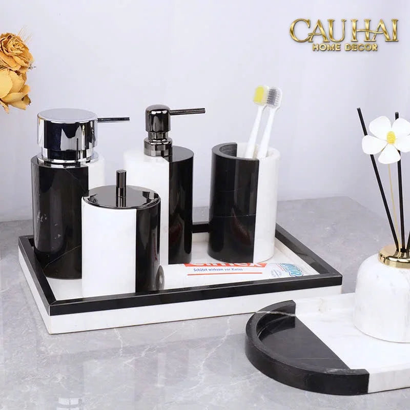 Set Nhà Tắm Đá Marble Trắng Đen Bản Đặc Biệt - Monolith Noir & Ivoire Oval Tray - Bathroom Vanities 4pcs-KHAY TRANG TRÍ-CẬU HAI HOME DECOR