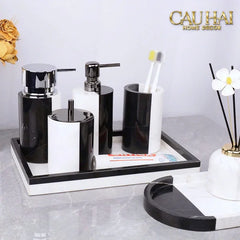 Set Nhà Tắm Đá Marble Trắng Đen Bản Đặc Biệt - Monolith Noir & Ivoire Oval Tray - Bathroom Vanities 4pcs-KHAY TRANG TRÍ-CẬU HAI HOME DECOR