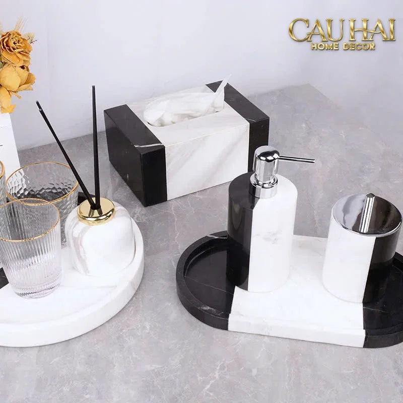 Set Nhà Tắm Đá Marble Trắng Đen Bản Đặc Biệt - Monolith Noir & Ivoire Oval Tray - Bathroom Vanities 4pcs-KHAY TRANG TRÍ-CẬU HAI HOME DECOR
