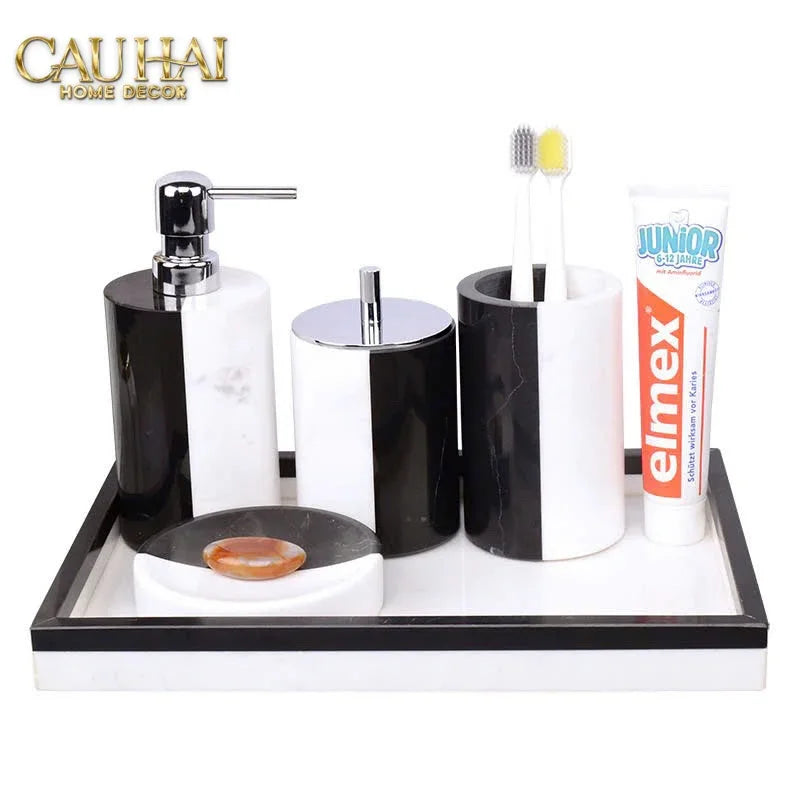 Set Nhà Tắm Đá Marble Trắng Đen Bản Đặc Biệt - Monolith Noir & Ivoire Oval Tray - Bathroom Vanities 4pcs-KHAY TRANG TRÍ-CẬU HAI HOME DECOR