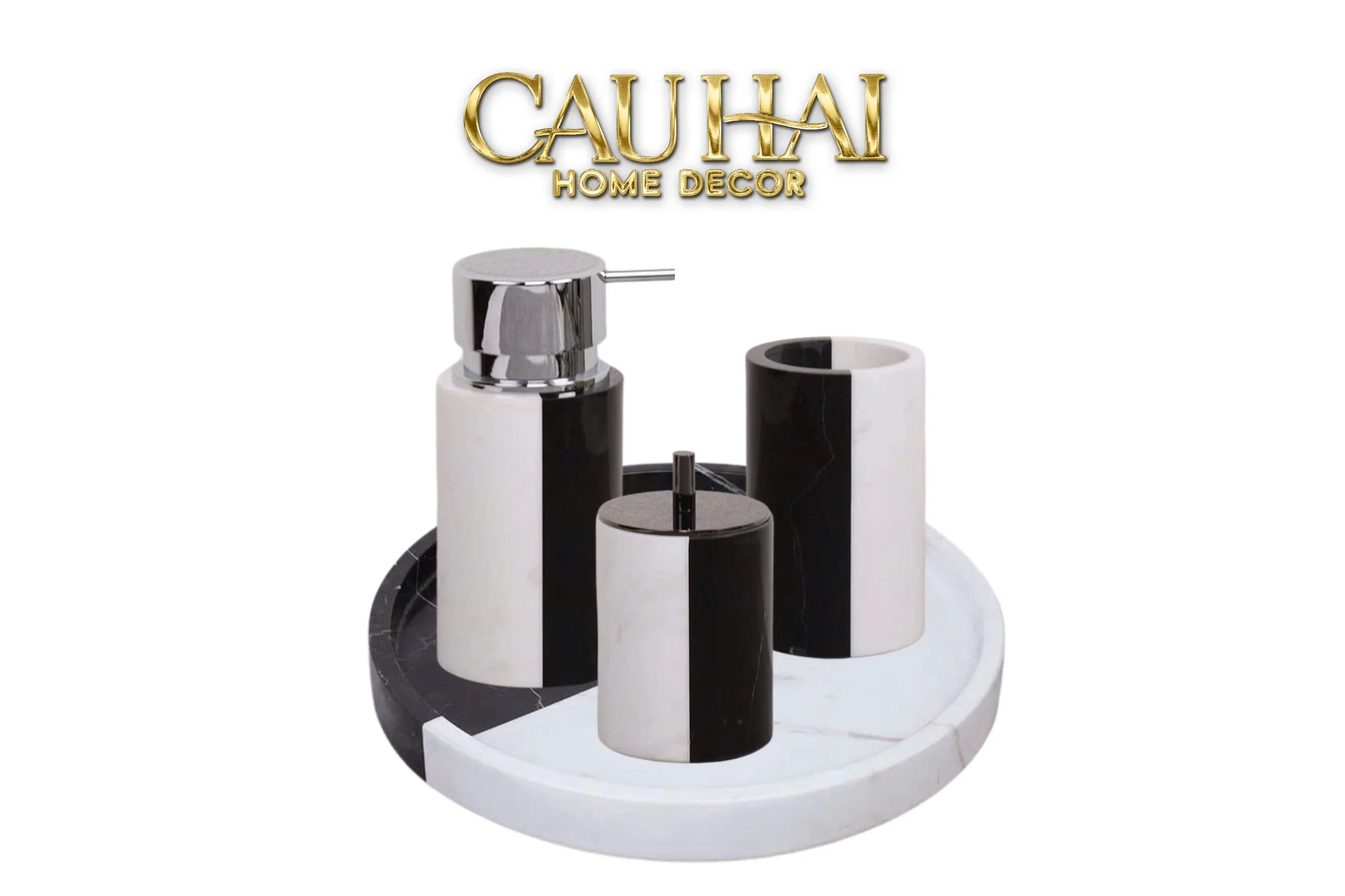 Set Nhà Tắm Đá Marble Trắng Đen Bản Đặc Biệt - Monolith Noir & Ivoire Oval Tray - Bathroom Vanities 4pcs-KHAY TRANG TRÍ-CẬU HAI HOME DECOR