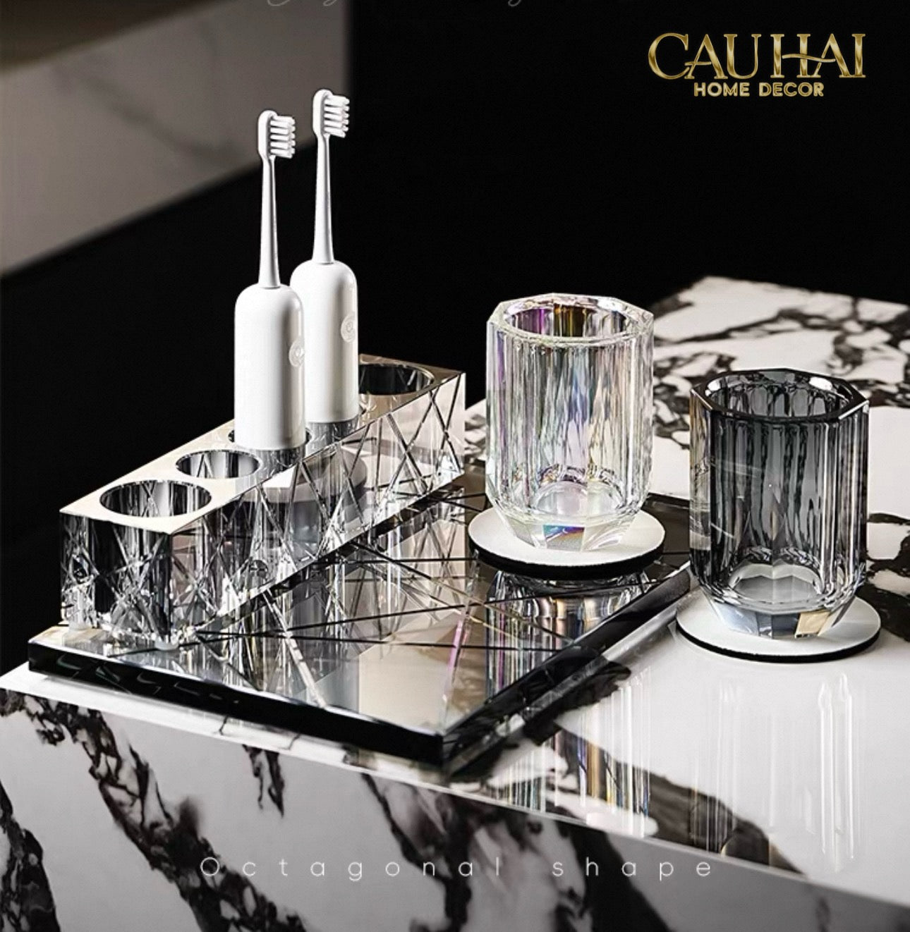Set Nhà Tắm Pha Lê Pure Cristalleries Cannage Facetté Bathroom Vanity Sets Lọ Bàn Chải 5 Slots-PHỤ KIỆN NHÀ TẮM-CẬU HAI HOME DECOR