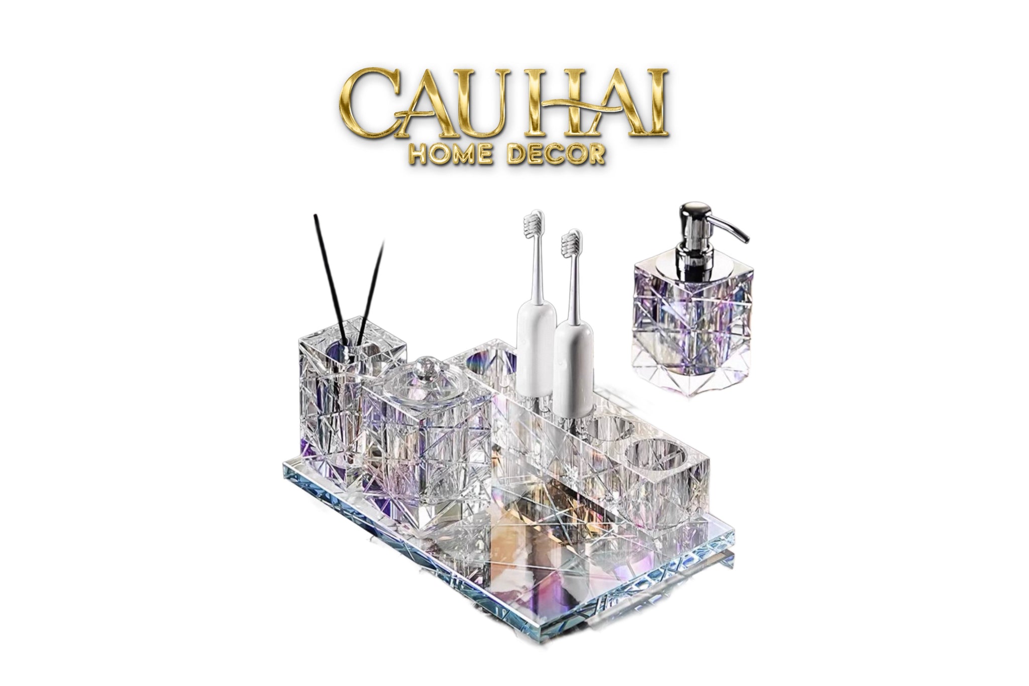 Set Nhà Tắm Pha Lê Pure Cristalleries Cannage Facetté Bathroom Vanity Sets Lọ Bàn Chải 5 Slots-PHỤ KIỆN NHÀ TẮM-CẬU HAI HOME DECOR