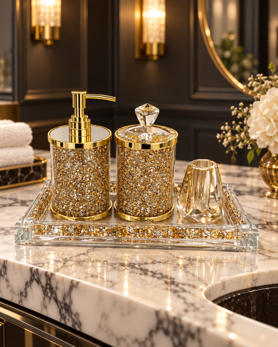 Set Phụ Kiện Nhà Tắm Pha Lê Pavé Gold Mirror Bathroom Vanity 4pcs-Set nhà tắm bathroom vanities-CẬU HAI HOME DECOR-CẬU HAI HOME DECOR