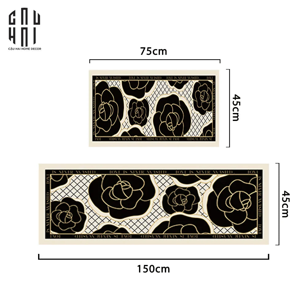 Set Thảm Bếp Da 45x75/150 Cao Cấp - Noir CAMÉLIA - Spell In Bloom-THẢM BẾP-CẬU HAI HOME DECOR