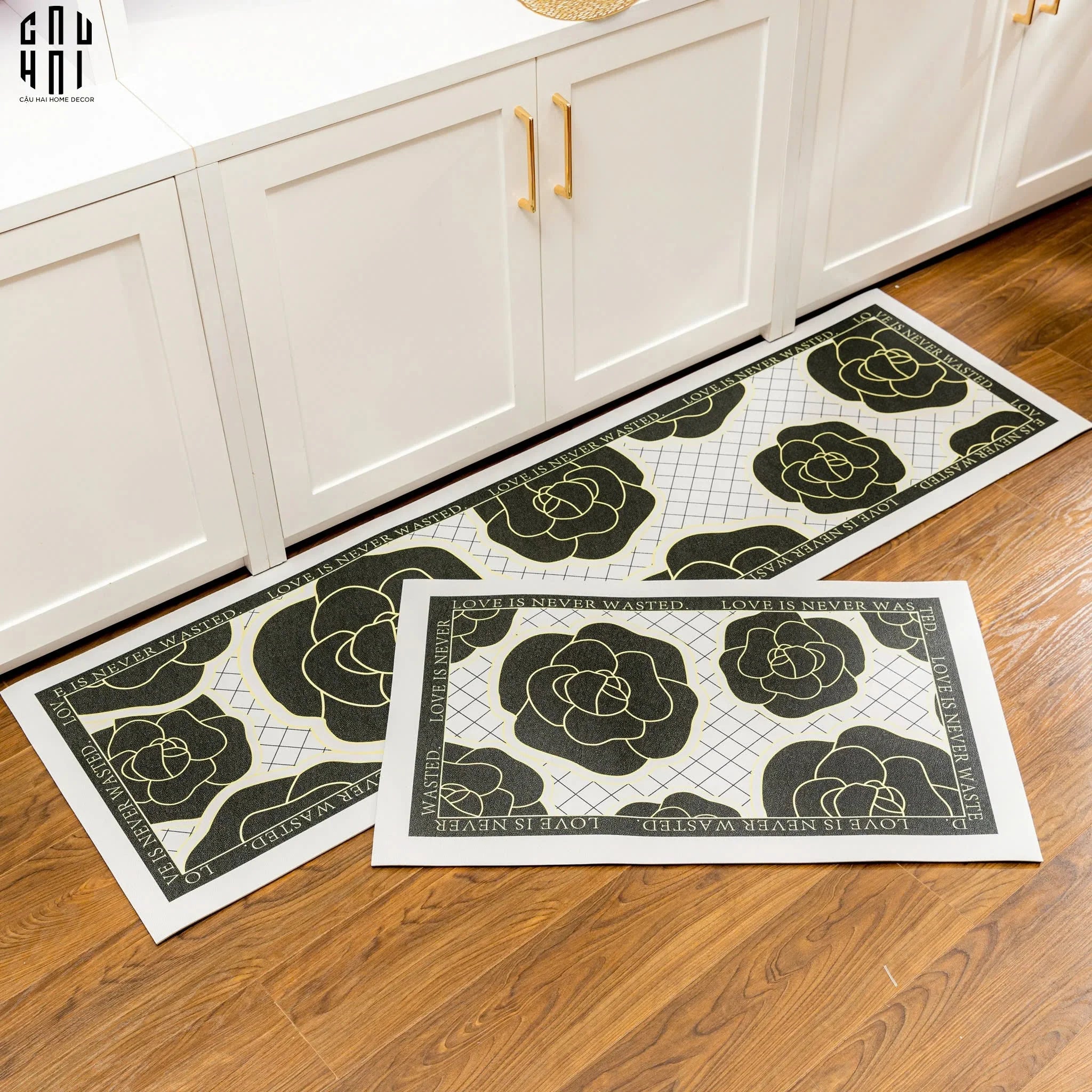 Set Thảm Bếp Da 45x75/150 Cao Cấp - Noir CAMÉLIA - Spell In Bloom-THẢM BẾP-CẬU HAI HOME DECOR