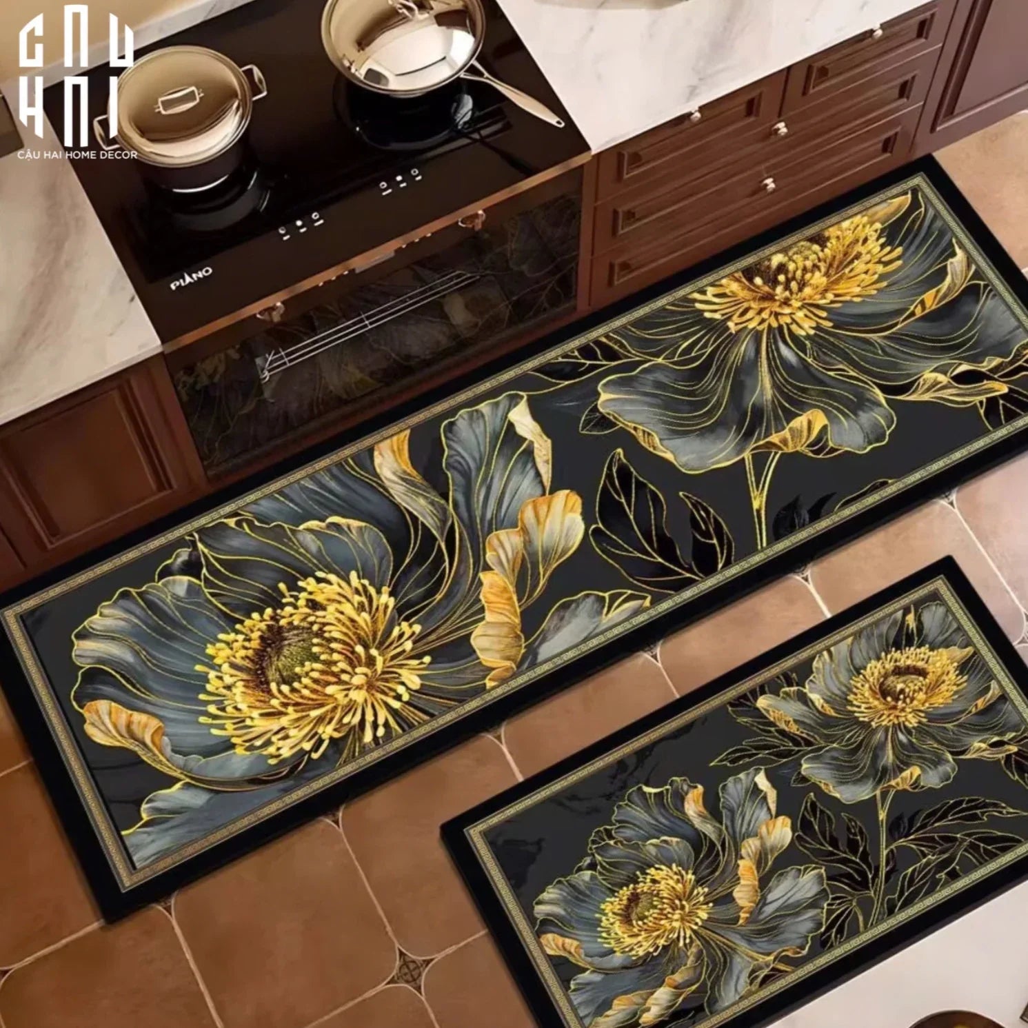 Set Thảm Bếp Microfiber 45x75/150 - Hoa Mẫu Đơn - Golden Pivoine-THẢM BẾP-CẬU HAI HOME DECOR