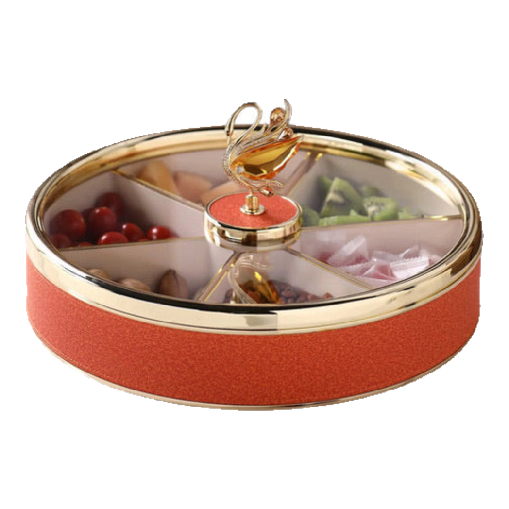 Maison Couture - Hộp Bánh Mứt Bản  Da Cam 6 Ngăn - Thiên Nga Pha Lê Critalleries Swan  33.5x20x9