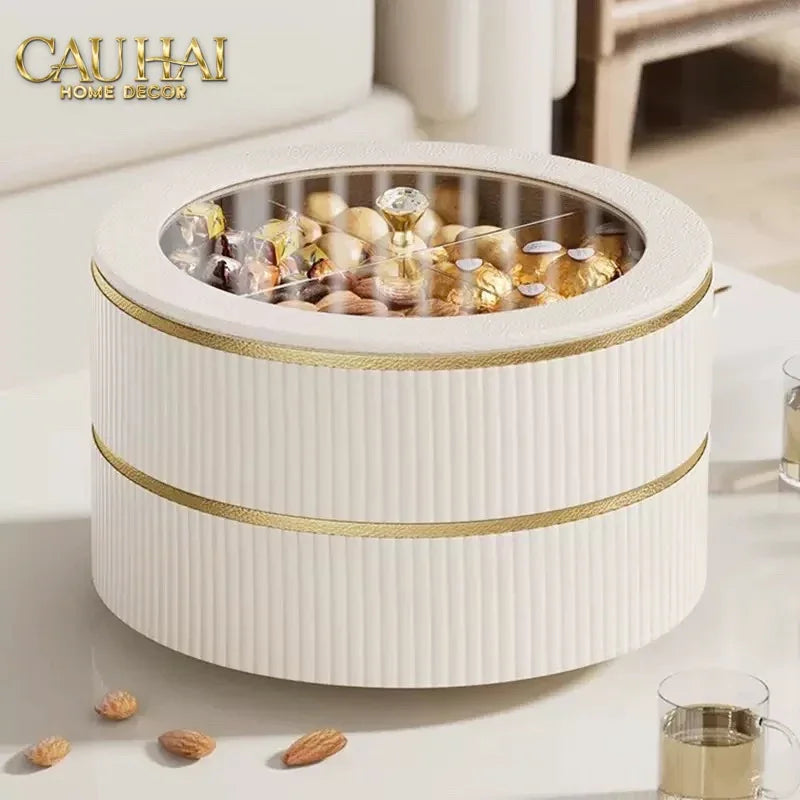 Tết Couture - Hộp Bánh Mứt Da 2 Tầng Lux Leather L’Or Antler - Ivoire / Sienna-Lọ kẹo Canister Bonbonnière-CẬU HAI HOME DECOR