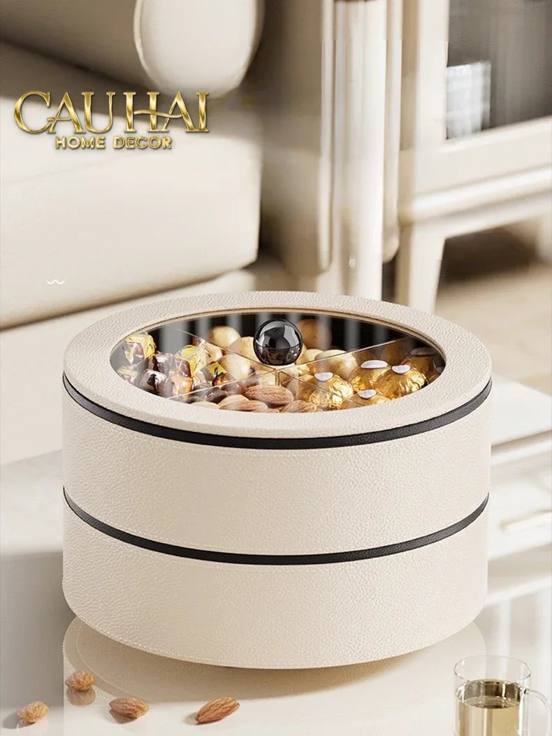 Tết Couture - Hộp Bánh Mứt Da 2 Tầng Lux Leather L’Or Antler - Ivoire / Sienna-Lọ kẹo Canister Bonbonnière-CẬU HAI HOME DECOR