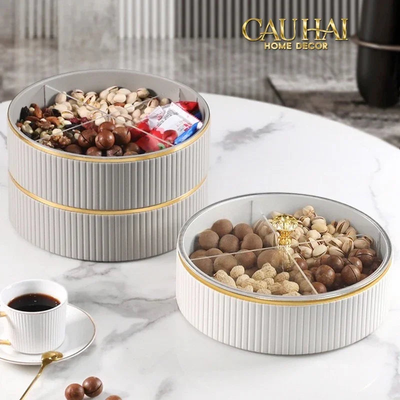 Tết Couture - Hộp Bánh Mứt Da 2 Tầng Lux Leather L’Or Antler - Ivoire / Sienna-Lọ kẹo Canister Bonbonnière-CẬU HAI HOME DECOR