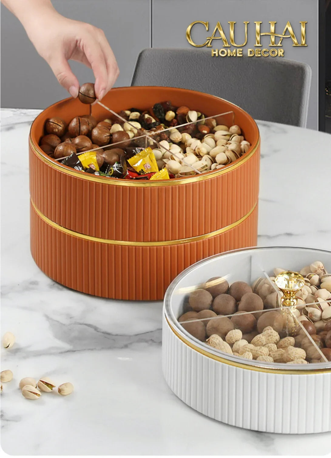 Tết Couture - Hộp Bánh Mứt Da 2 Tầng Lux Leather L’Or Antler - Ivoire / Sienna-Lọ kẹo Canister Bonbonnière-CẬU HAI HOME DECOR