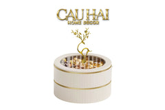 Tết Couture - Hộp Bánh Mứt Da 2 Tầng Lux Leather L’Or Antler - Ivoire / Sienna-Lọ kẹo Canister Bonbonnière-CẬU HAI HOME DECOR