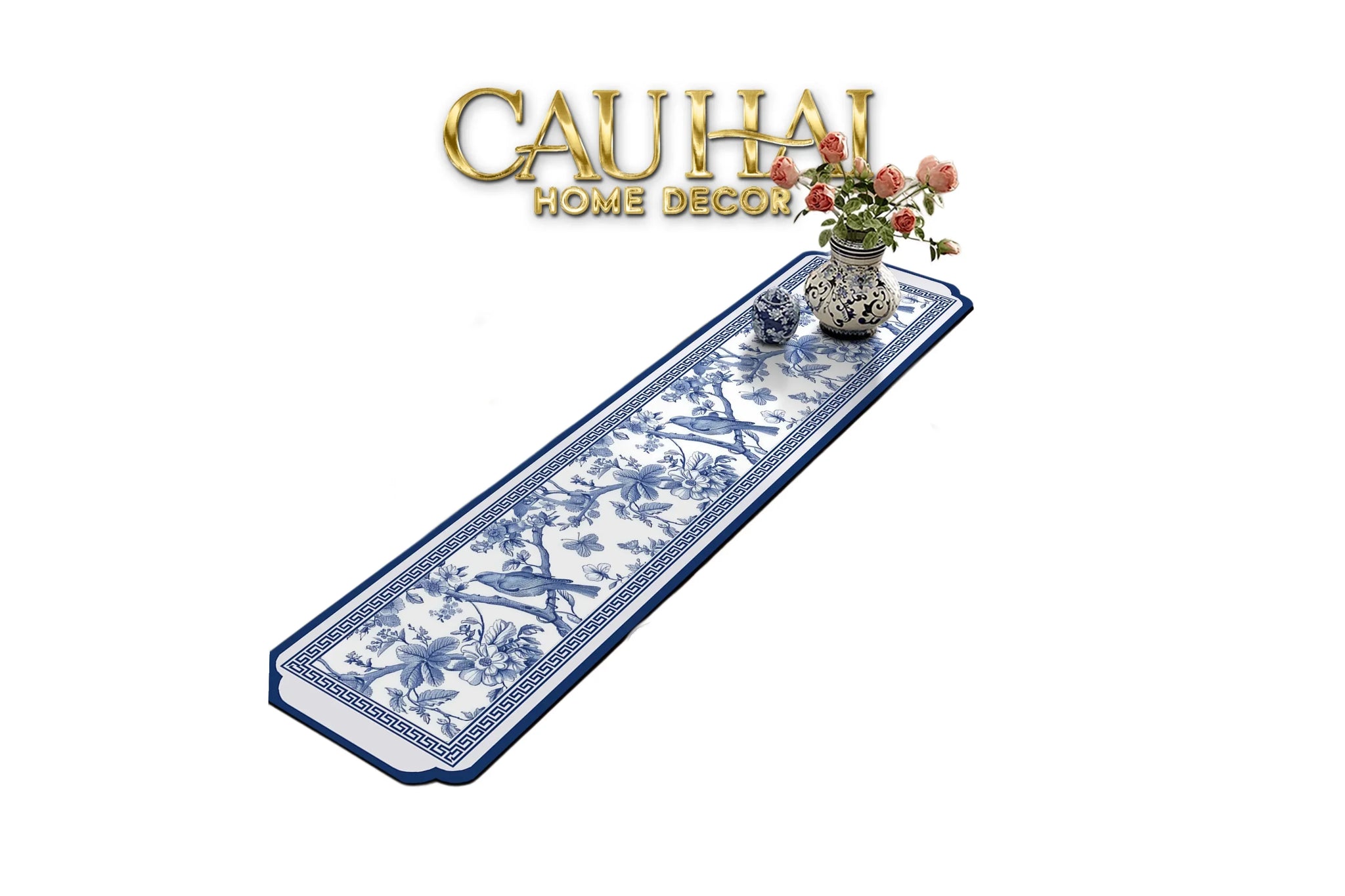 Tết Couture - Khăn Trải Bàn Fiber 30X240 - Porcelain Revival Art - Indochine Oriental Jardin Table Runner-KHĂN TRẢI BÀN-CẬU HAI HOME DECOR