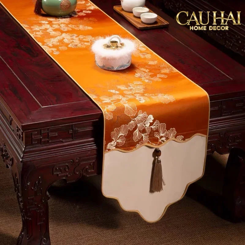 Tết Couture - Khăn Trải Bàn Kim Diệp Hoàng Ngân 2m4 Luxury Embroidered Silk Table Runner-KHĂN TRẢI BÀN-CẬU HAI HOME DECOR